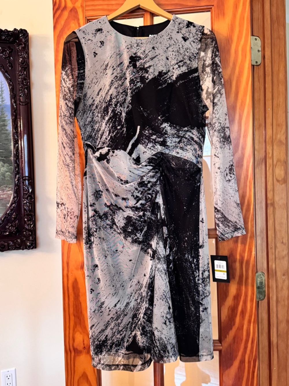 Clearance! NWT Dkny Black & Brown Swirl Design Stretch Layered Long-Sleeve Dress